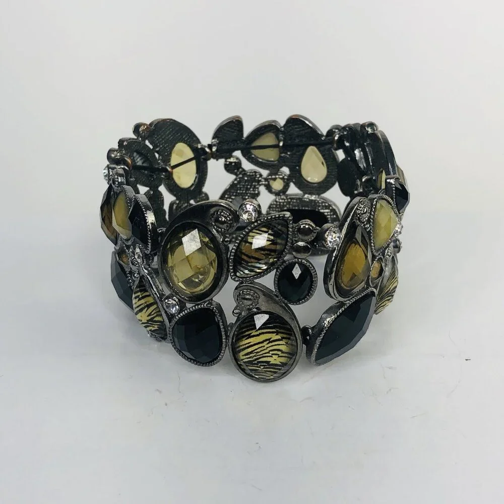Lia Sophia Y2K Stretch Cuff Bracelet Crystals Cabochons Black Honey Gold Stones